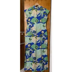 Vintage 60s 70s Lauhala Hawaiian Cheongsam Dress Maxi Cranes Asian Size 16 L XL